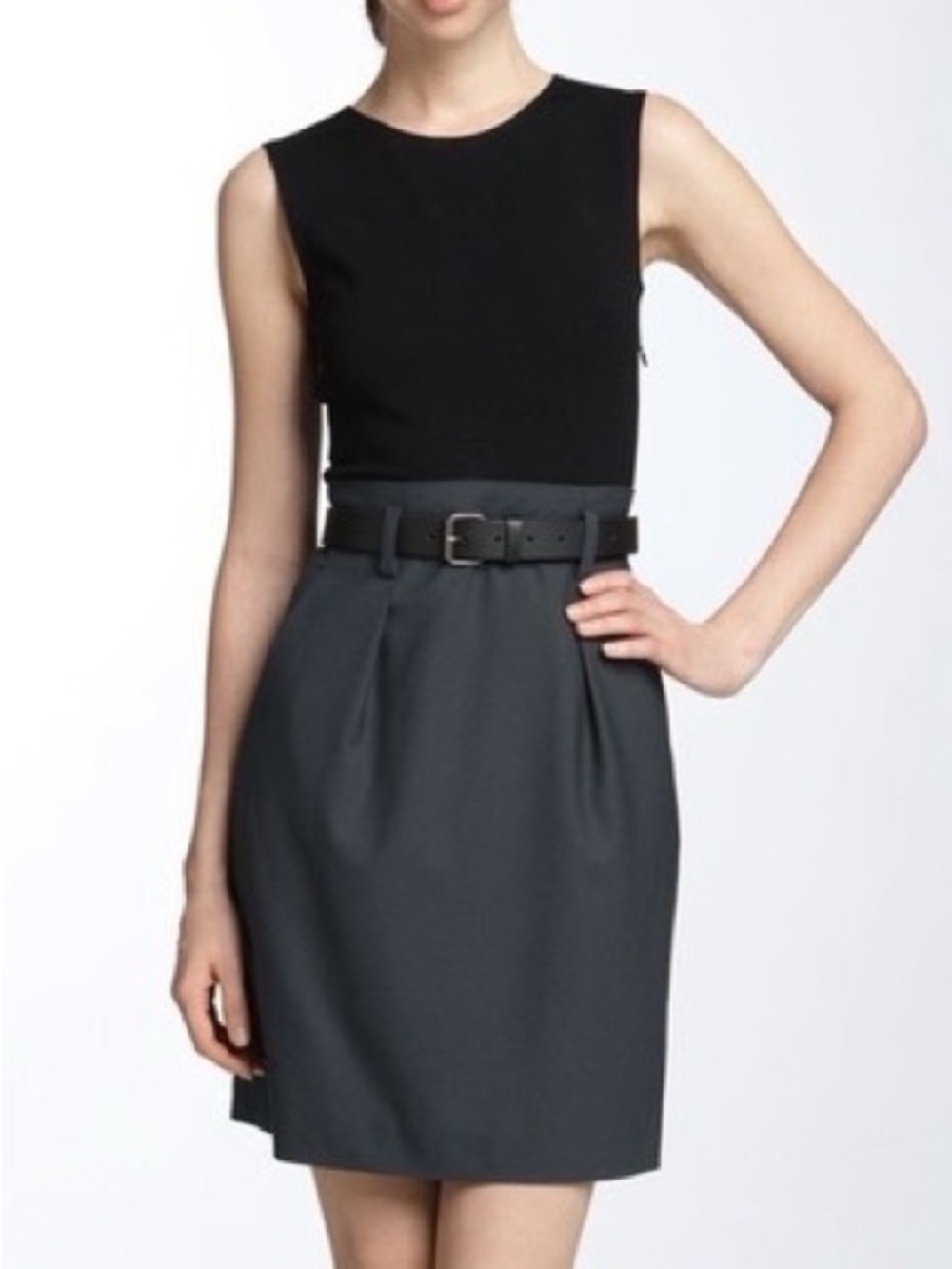 Theory Black & Charcoal Two-Tone belted Dress